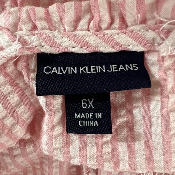 Calvin Klein Jeans Dress Girls 6X Pink White Stripe Seersucker Fit Flare Ruffles - Picture 4 of 5